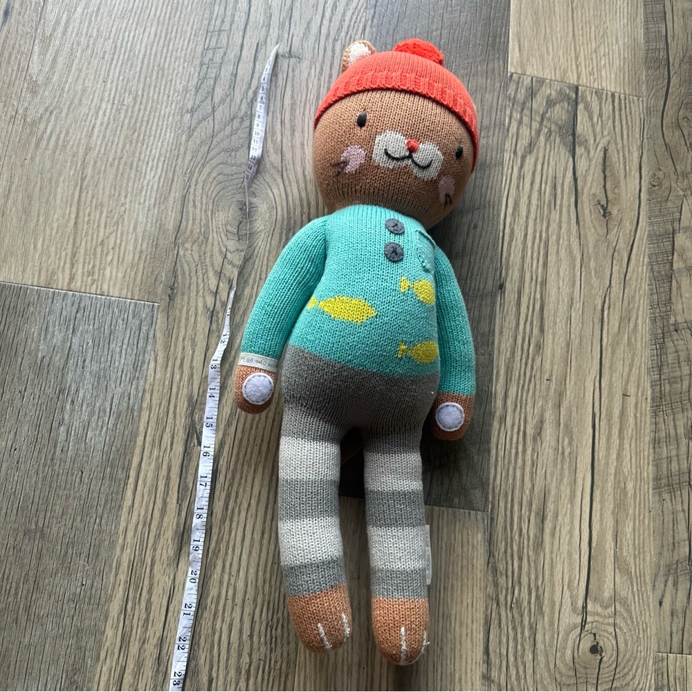 Hand-Knit Teal & Orange Cat Plush Toy Cuddle + Kind